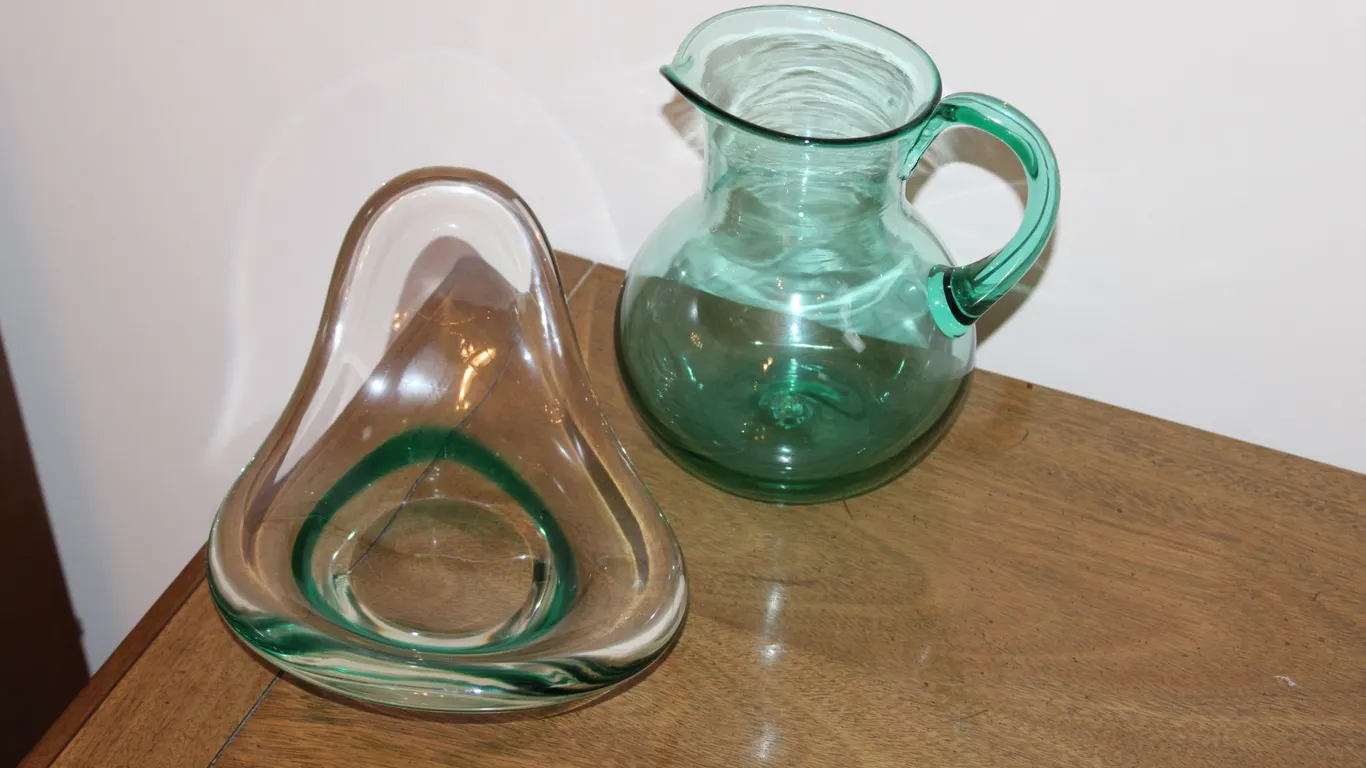 Art Glass Green Pitcher & Bowl