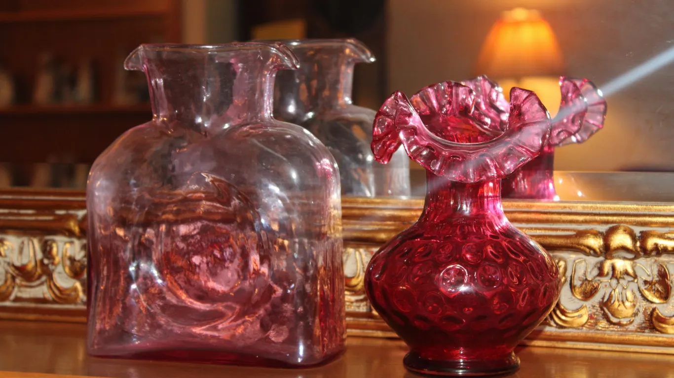 Blenko Pink Decanter & Cranberry Vase