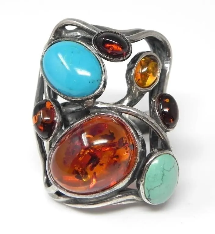AMBER & TURQUOISE 925 SILVER STATEMENT RING 21.5g