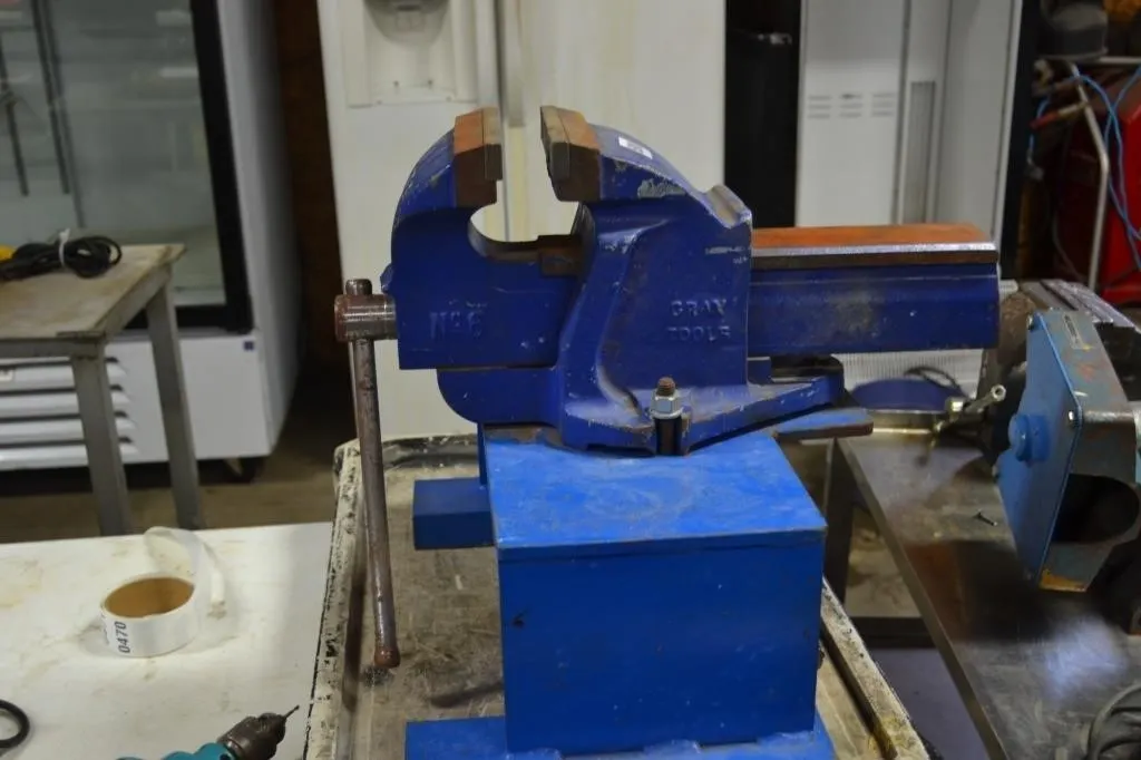 Blue Industrial Vice mounted on metal stand