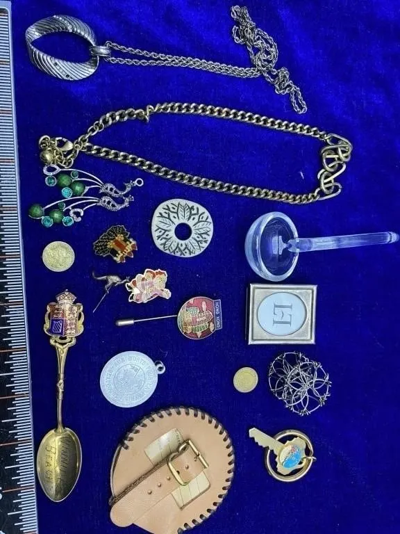 Vintage Jewelry & Collectibles Lot: Pins, Spoon,