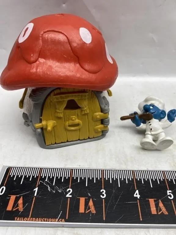 Smurf mushroom house with flute-playing Smurf