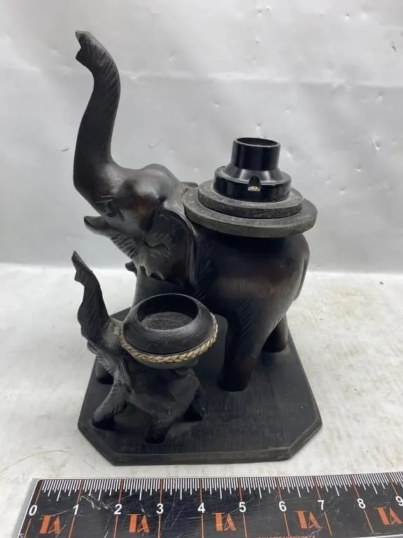 Carved Wood Elephant Lamp with Baby Elephant