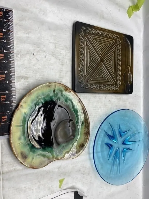 Mixed Serving Dishes: Glass, Ceramic, Metal Tray
