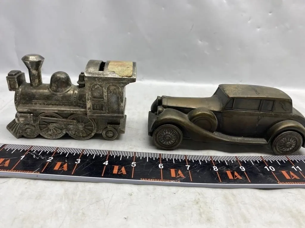 Silver-tone toy train & bronze-tone vintage car