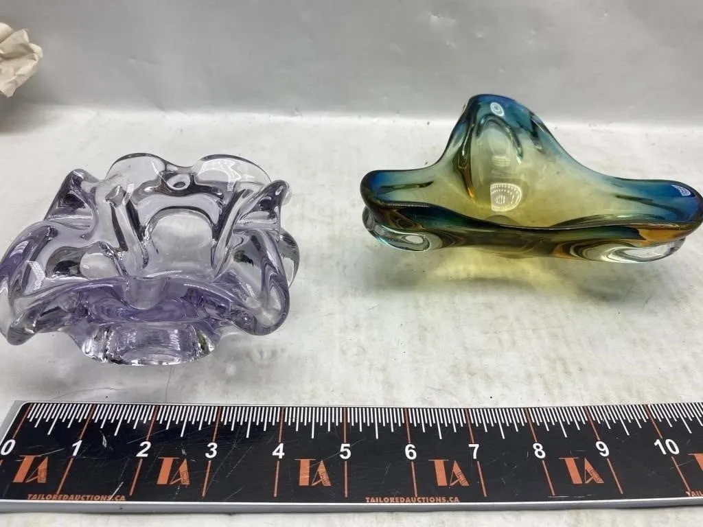 Two Art Glass Freeform Bowls, Purple & Amber