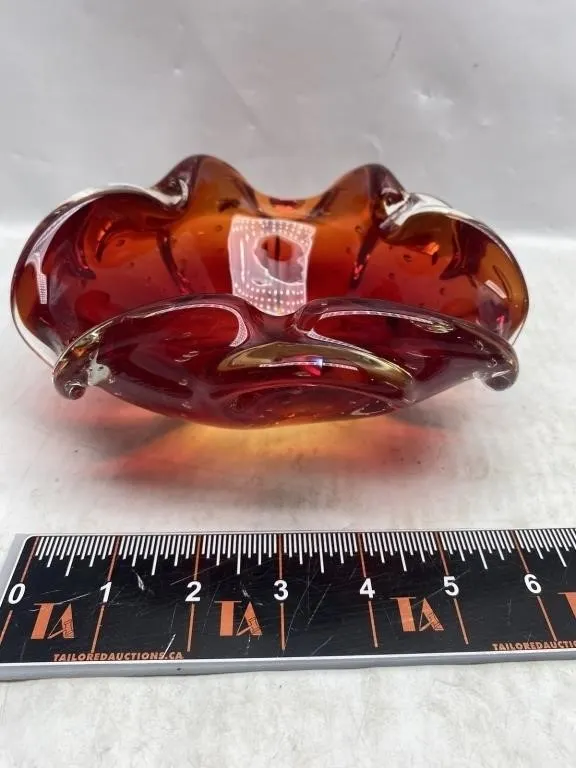 Red/Amber Art Glass Bowl with Bubbles