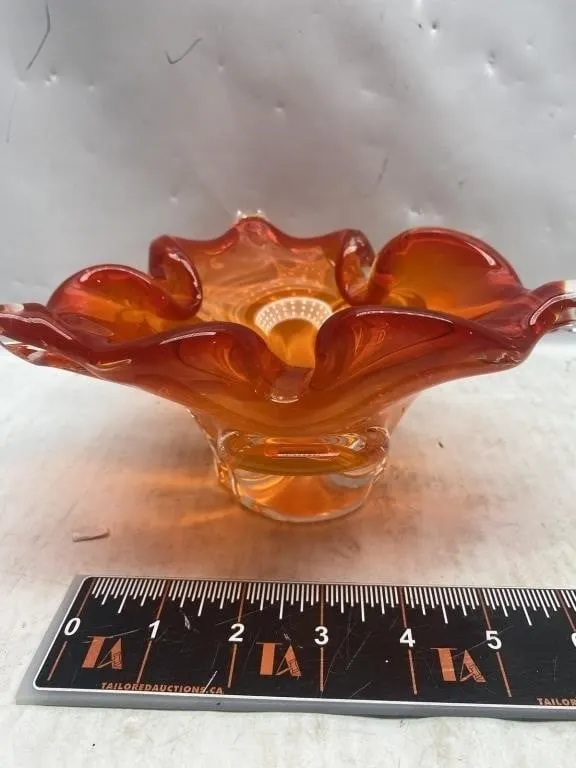 Amber Art Glass Ruffled Edge Bowl