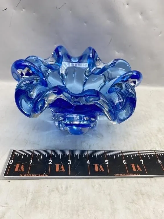 Blue Art Glass Ruffled Bowl