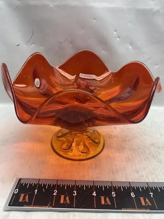Amber/orange art glass ruffled-edge pedestal