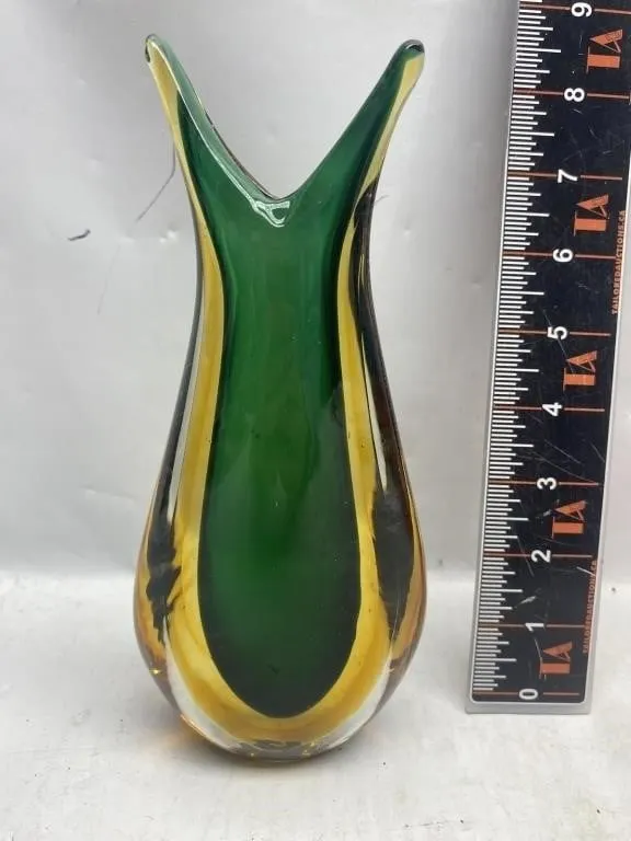 Green & Amber Art Glass Vase, Bullet Shape