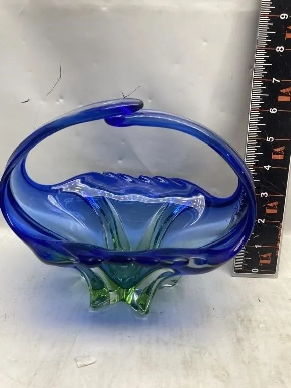 Blue-to-green art glass basket bowl