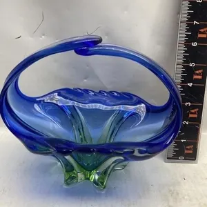 Blue-to-green art glass basket bowl