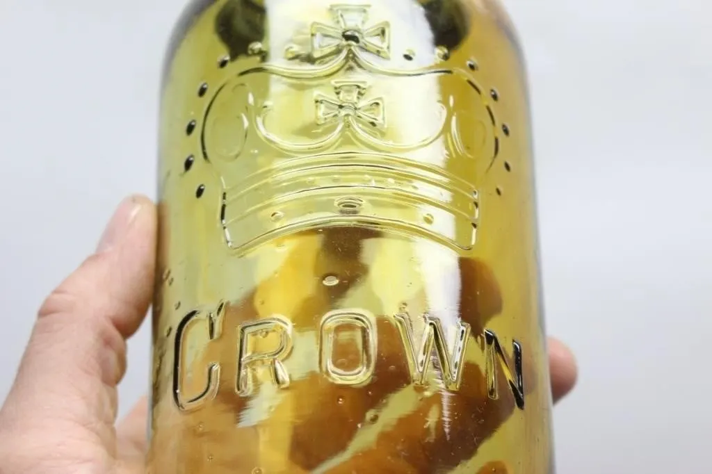 Antique Crown Yellow Glass Canning Jar with Metal
