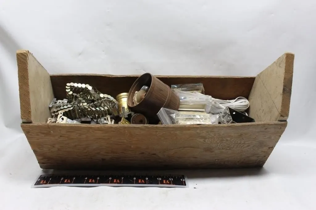 Wooden Tote of Vintage Electrical Parts