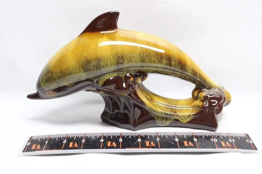 Amber Drip Glaze Ceramic Leaping Dolphin Figurine