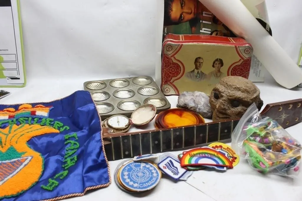 Vintage Collectibles Lot: Tin, Patches, Watch &