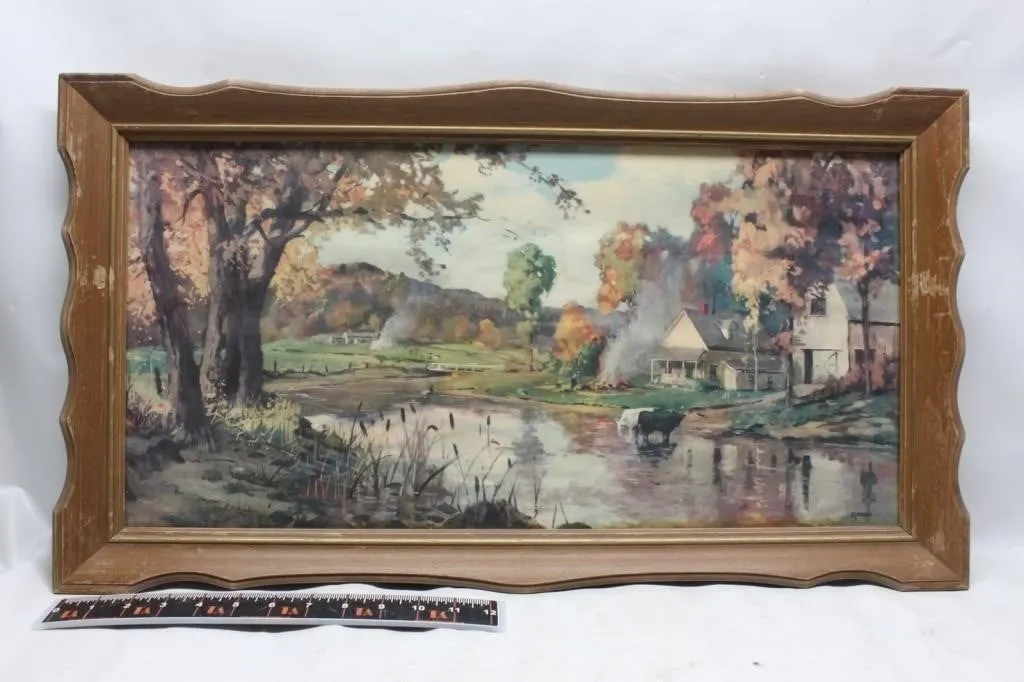 Framed Autumn Farm Landscape Print, Signed Gravel