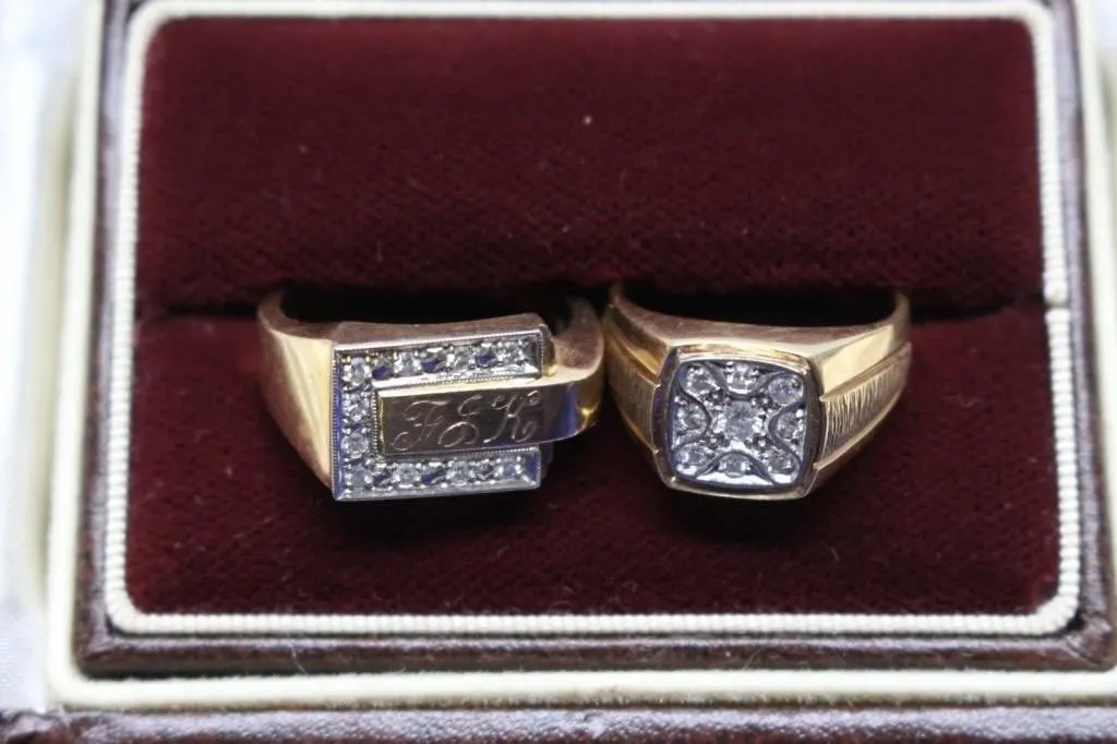 Two Men's 10K Gold Diamond Rings, Engraved