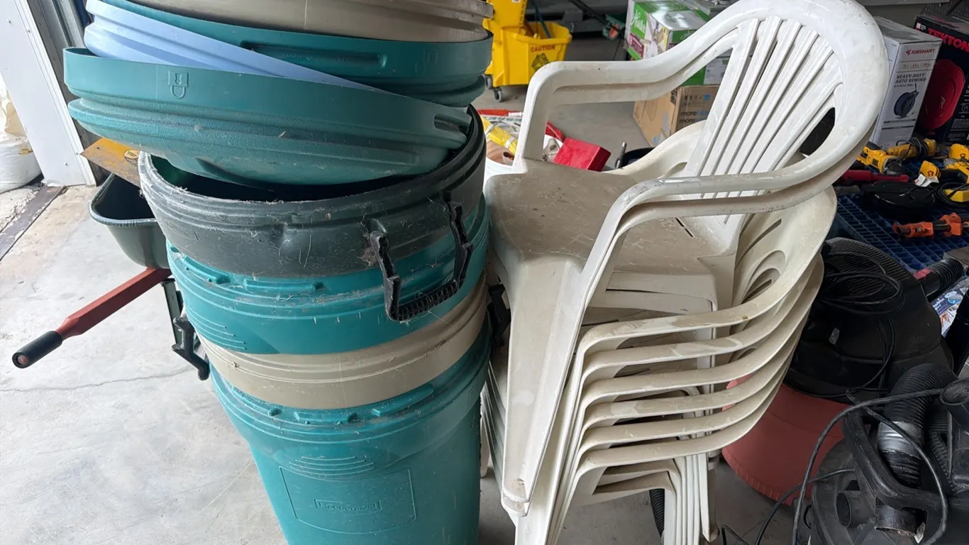 Plastic chairs & refuse cans