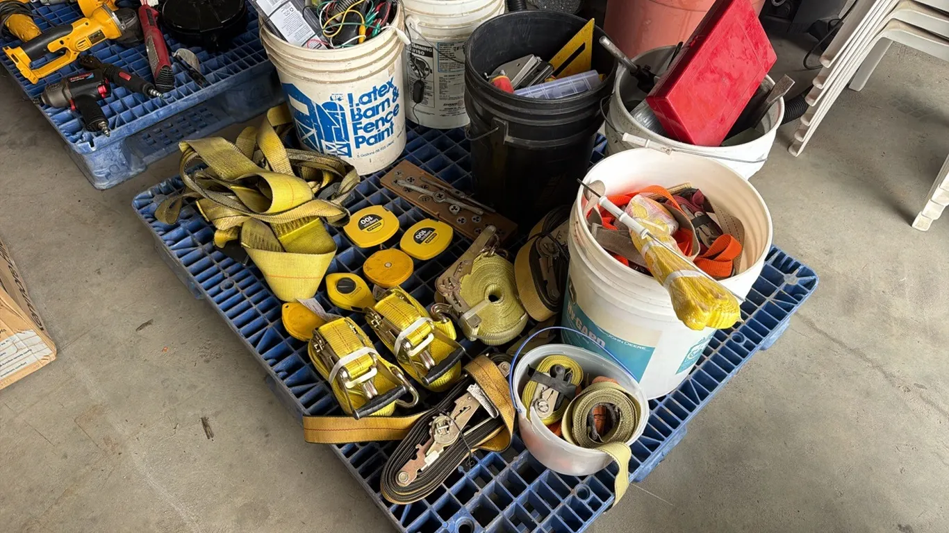 Assorted ratchet straps, tape measures, roll pin assortment, cotter pin assortment, o-ring assortment, assorted tools & hardware