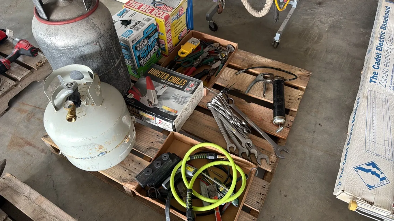 Craftsman 11-22" 1 1/4" combination wrench set w/ unused 20' 2GA booster cables, LP tanks, shop rags & assorted tools