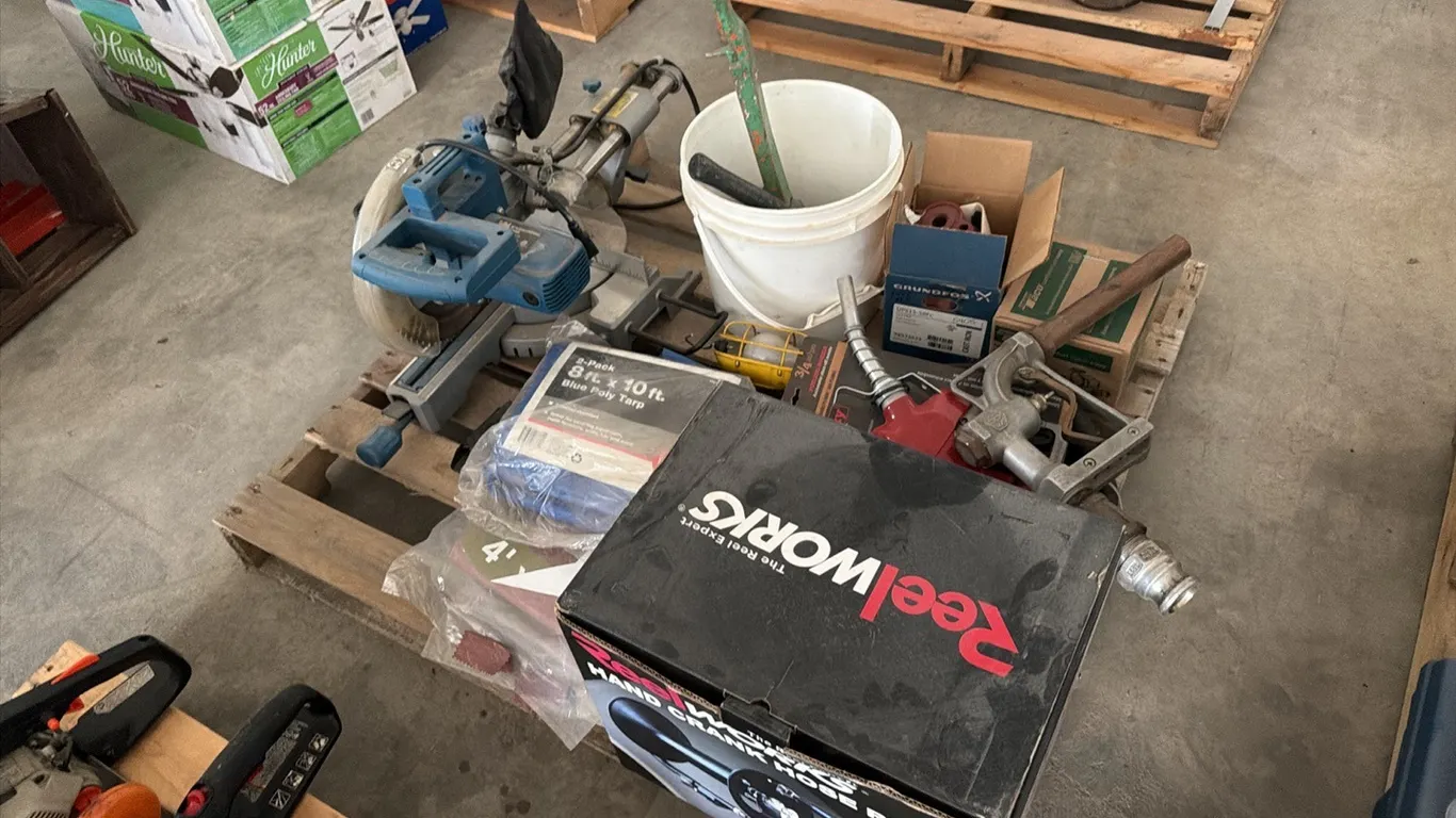 Wen 10" sliding compound miter saw w/ assorted hardware , including Reel Works hose reel, fuel nozzles & unused 3/4" hose, unused tarps & chain hoist