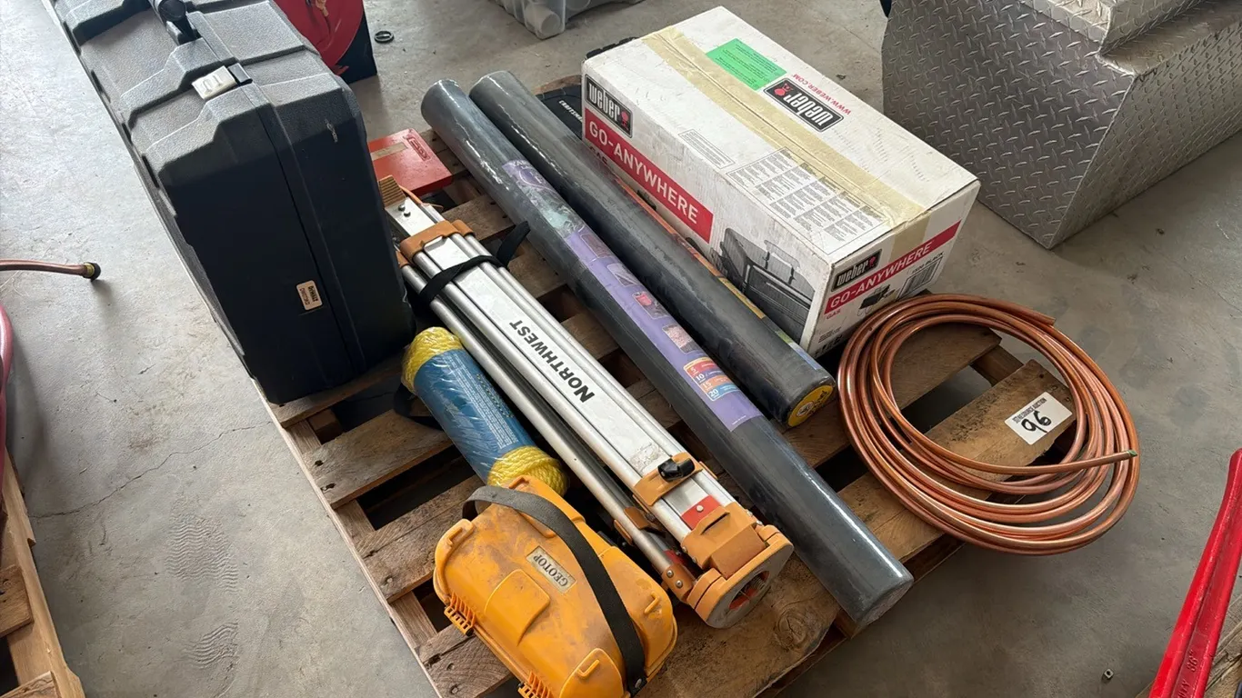 DeWalt DW073 rotary laser w/ charger, pedestal, Weber portable grill, lawn fabric & Craftsman drill bits