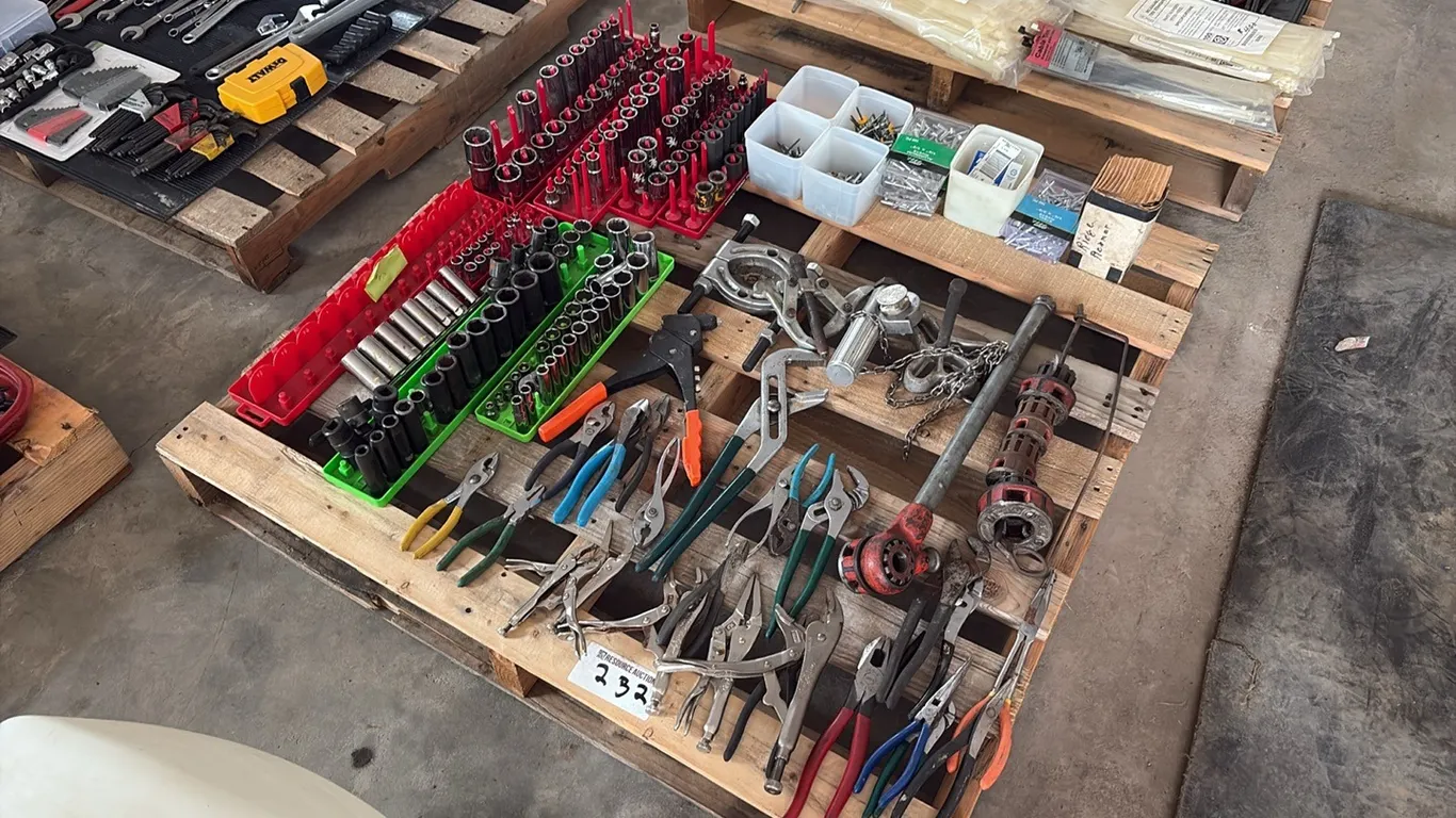 Assorted tools w/ large quantity of assorted sockets, pliers & pipe thread