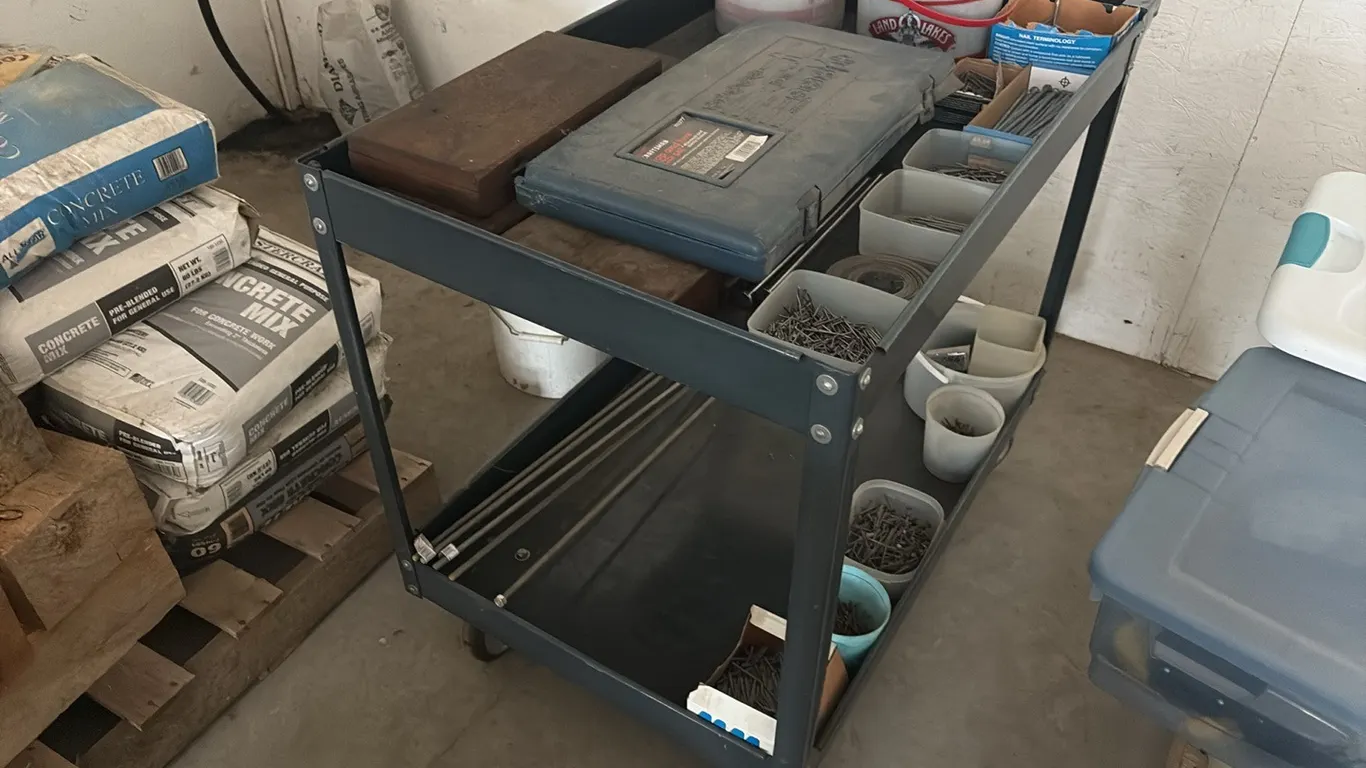 36"x24"x32" portable shop cart w/ Craftsman tap & dye set, additional tap & dye sets & assorted hardware