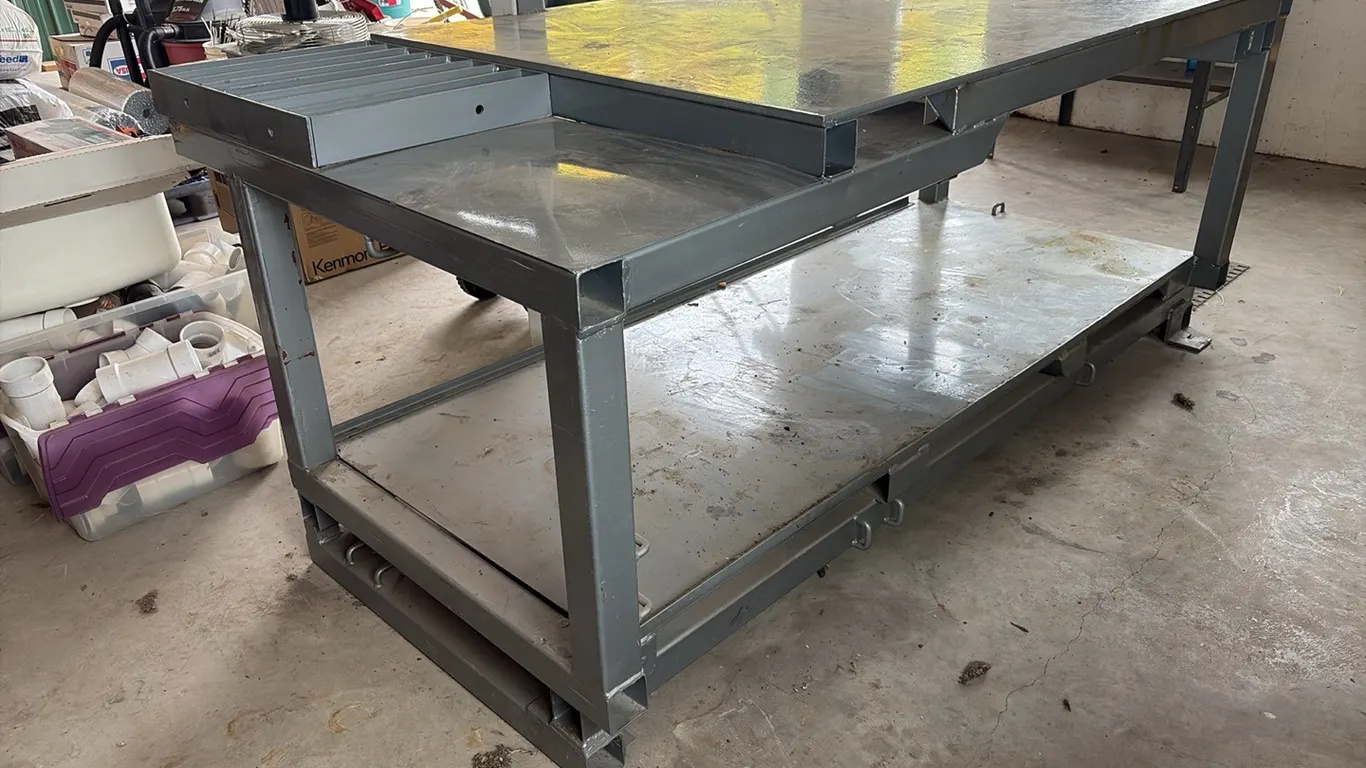 Custom built 94"x49"x40" HD welding table w/ Wilton HD vise & underbody shelf
