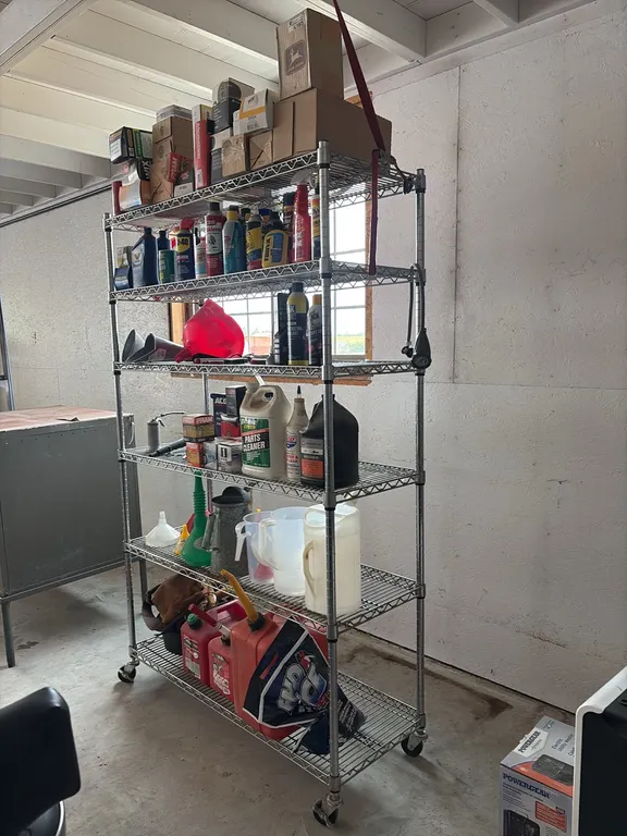 4'x18"x75" Portable shelf w/ contents, including fuel cans, filters, oil filters & shop supplies