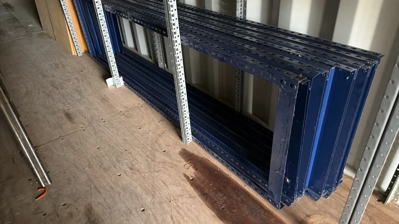 12) 8’x2’ Light duty pallet racking uprights w/ 4’ crossbars & wood shelves