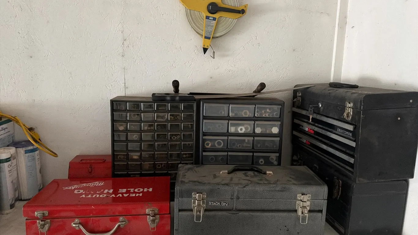 3/4" Drive breaker bar w/ assorted sockets up too 2", Milwaukee Whole Hawg w/ assorted tools & hardware organizers w/ pipe fittings