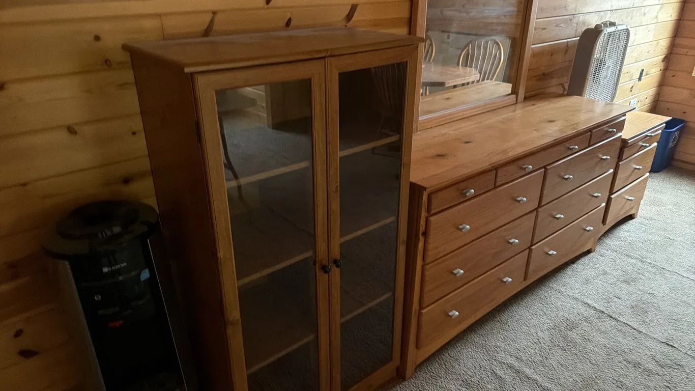 63.5"x18.25"x34.5" Dresser w/ mirror, glass cabinet, end table & Glacier Bay water cooler