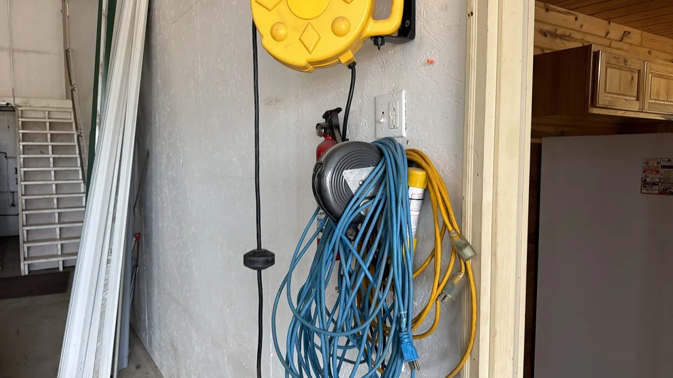 2) Powercord reels w/ safety light, power cord reel, 2) power cords & air hose