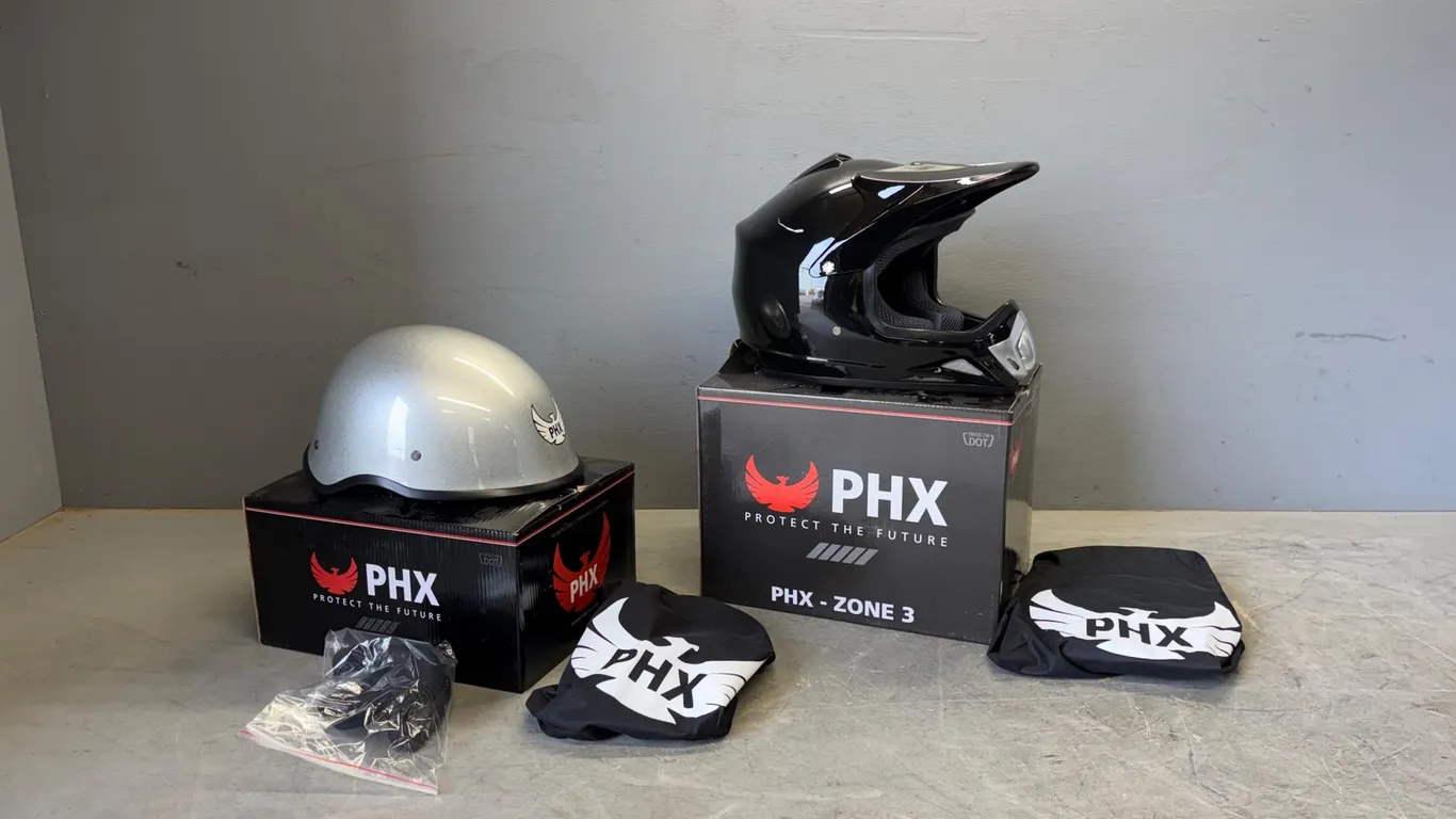 Unused PHX Open Face and Motocross Helmets