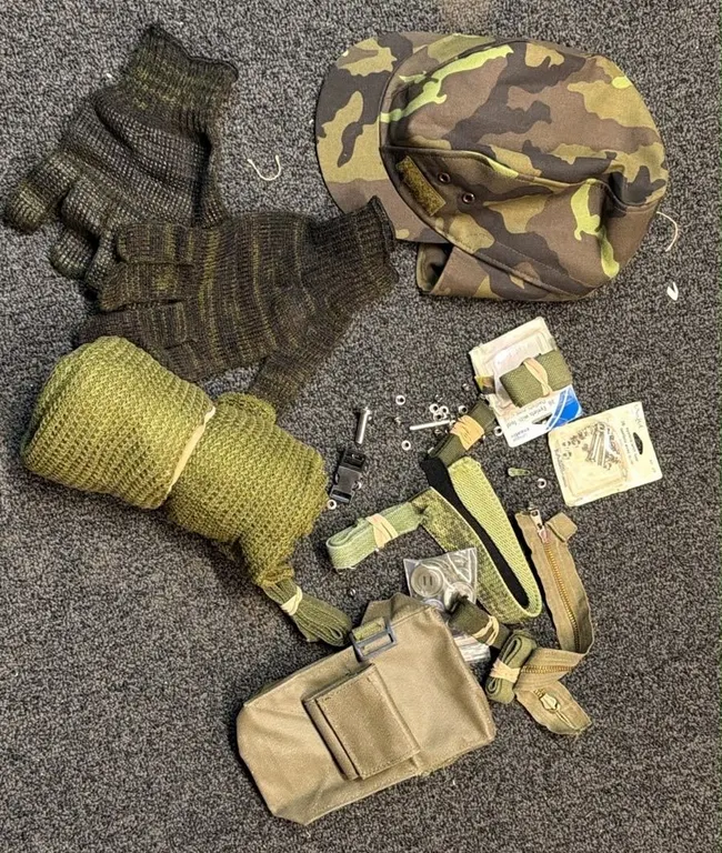 Military Surplus Lot: Camouflage Cap, Gloves, Pouch, Green Web Gear and Accessories