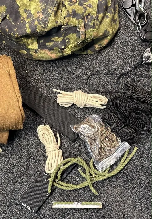 Canadian Military Camo Helmets, Boonie Hat, Belts, Paracord, Buckles, and Accessories Lot