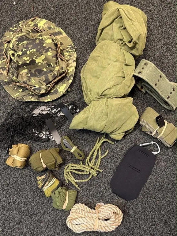 Military Surplus Camouflage Kit With Hat, Fabric Wraps, Knife, Pouches, Rope and Gear