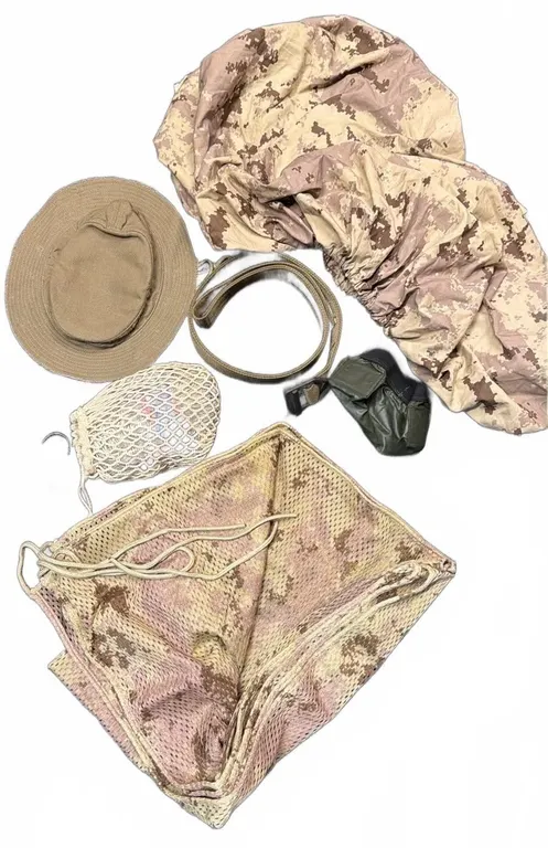 Military Camouflage Gear with Boonie Hat, Belt, Gloves, and Netting