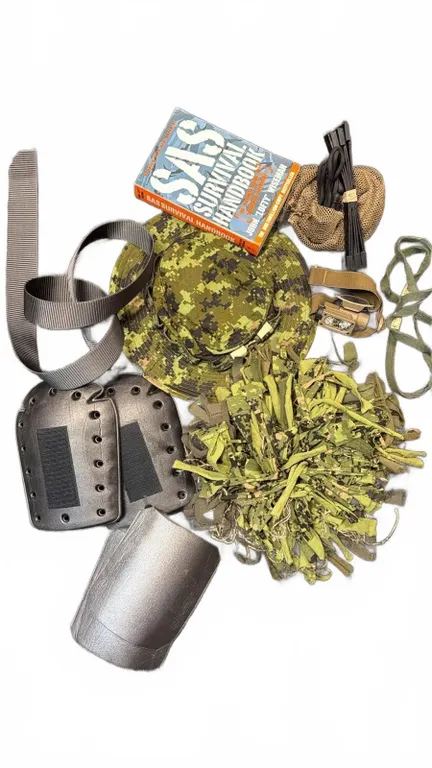 Outdoor Survival Gear Lot SAS Handbook, Camo Hat, Pads, Netting, Straps, Cord