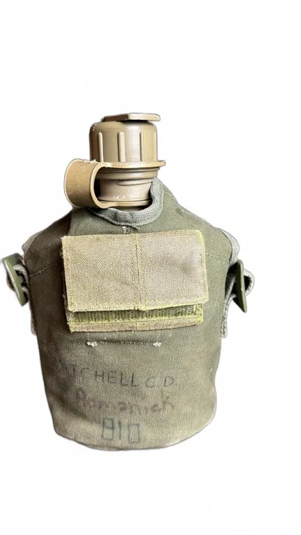 Military Green Plastic Canteen with Olive Drab Canvas Pouch and Button Flap