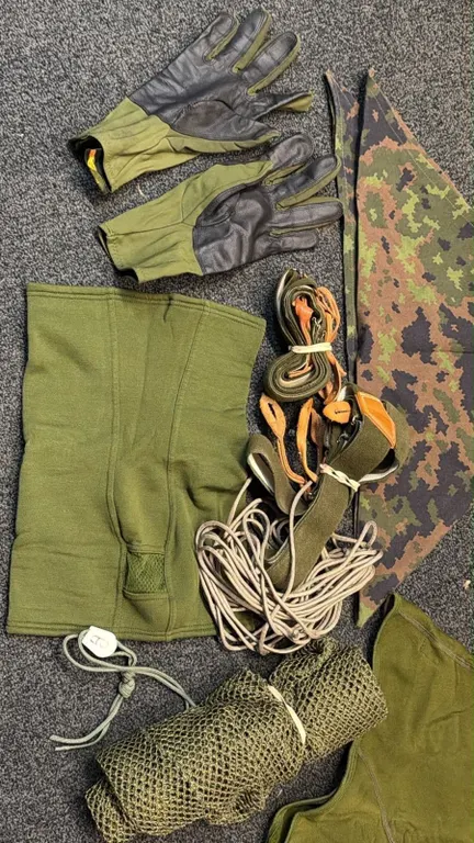 Military Outdoor Gear Including Gloves, Balaclava, Camo Scarf, Rope