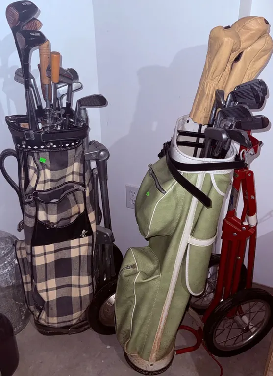 Two Golf Club Sets with Bags, Carts, and Headcovers