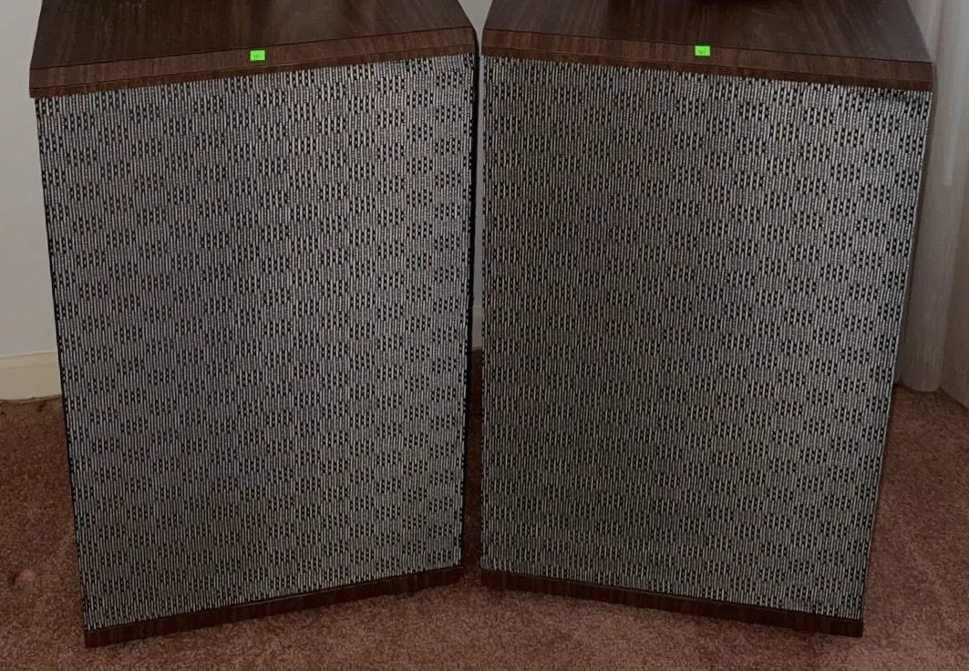Large Wood Cabinet Stereo Speakers with Patterned Metal Grilles