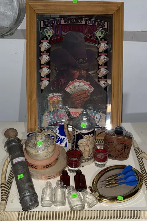 Barware Darts, Fish Bowls, Mini Bottles, Pottery, Vintage Tickets, Budweiser Poker Sign