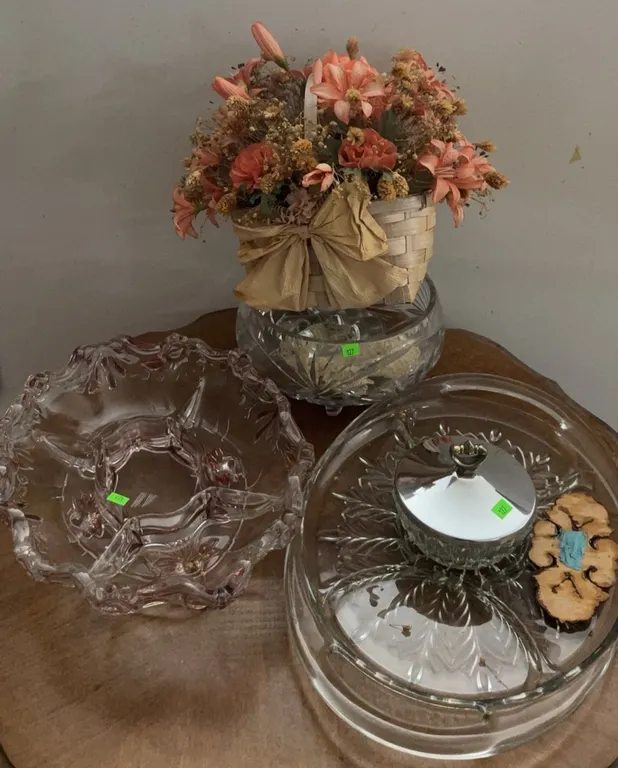 Three Cut Glass Serving Dishes and Flower Basket Arrangement