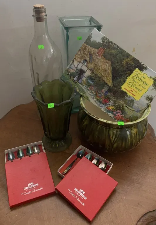 Group Lot: Rogers Silverplate Spoons, Green Glass Vase, Bottle, Square Vase, Planter, Postcard