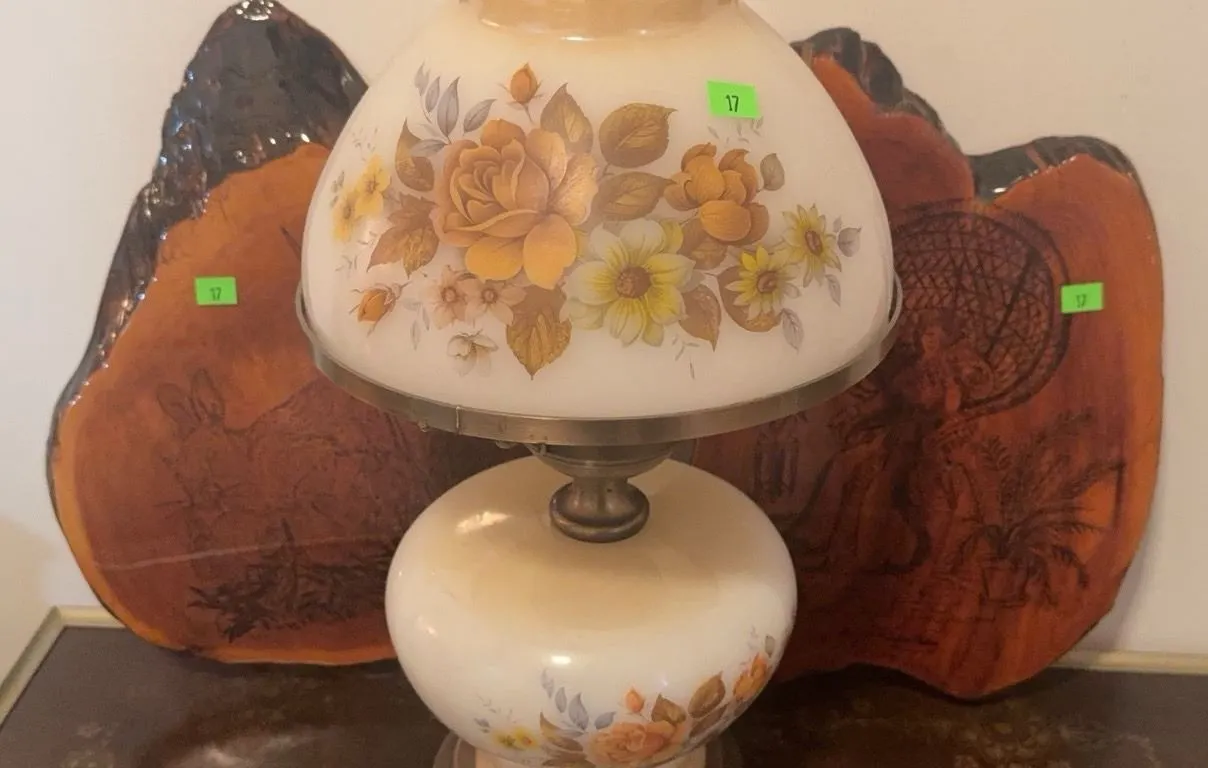 Glass Floral Table Lamp and Two Wood Burn Engraved Slices